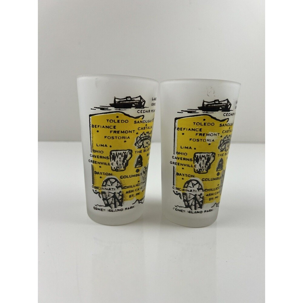 Vintage Set Of 2 Ohio Frosted Souvenir Glass Tumbler 4.75" Hazel Atlas Kitschy - Picture 6 of 12